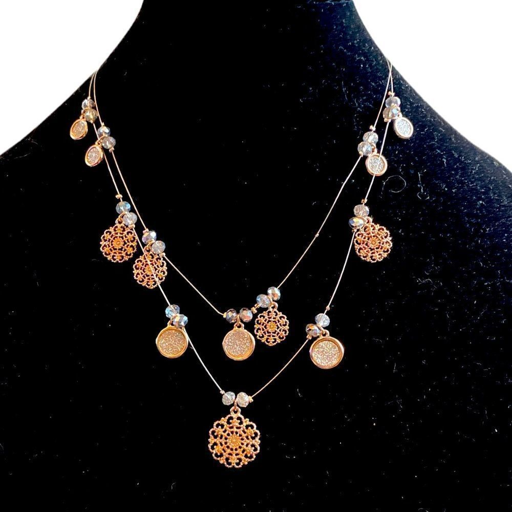 Erica Lyons Rose Gold Two Strand Wire Necklace with Crystal & Dangle Earring’s